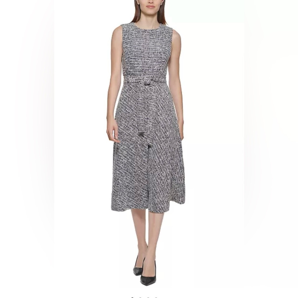CALVIN KLEIN TWEED LOOK FIT & FLARE BELTED SLEEVELESS MIDI DRESS METALLIC Size 2
